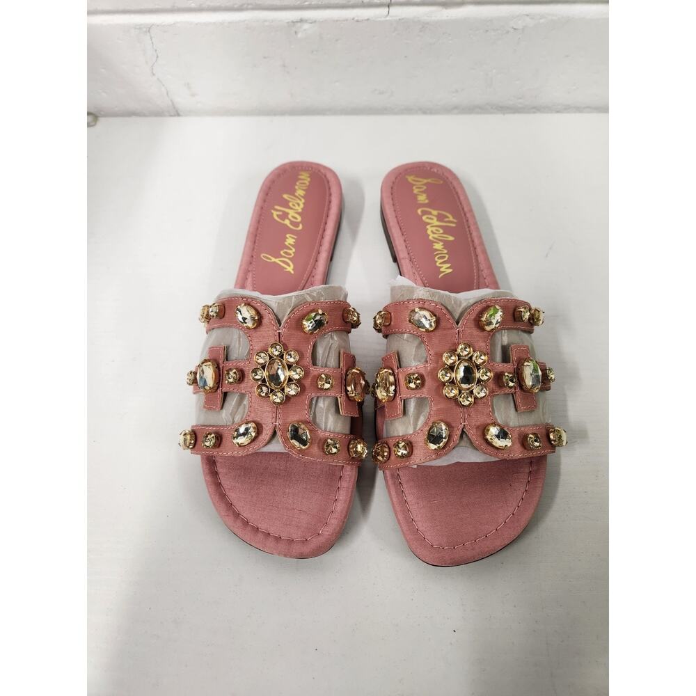 Sam Edelman Women's Bay Ray Pink Silk Double E Rhinestones Flat Sandals, Size 9M